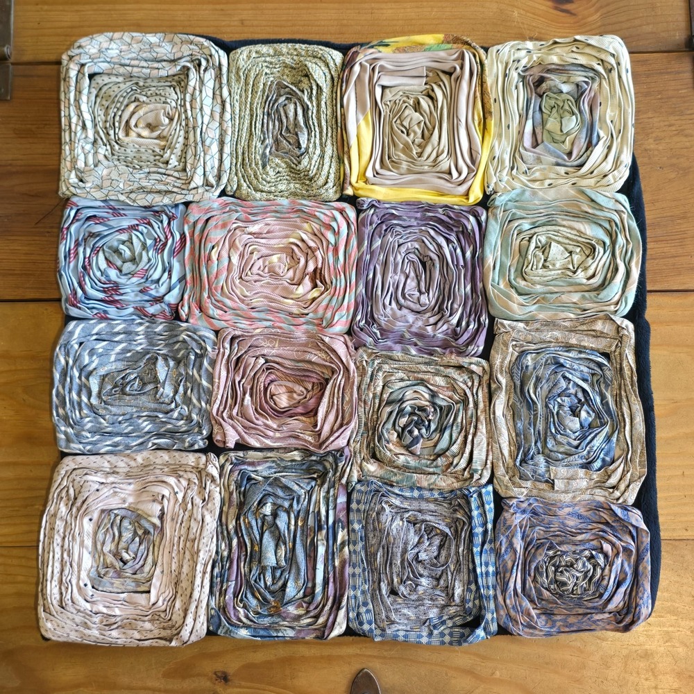 Vintage Dreamweavers Handmade Silk Tie Pillow Cover with Hand-Rolled Roses